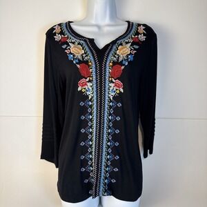 LIV Los Angeles Blouse Top Women's Small Black Floral 3/4 Sleeve Very‎ Soft VTG